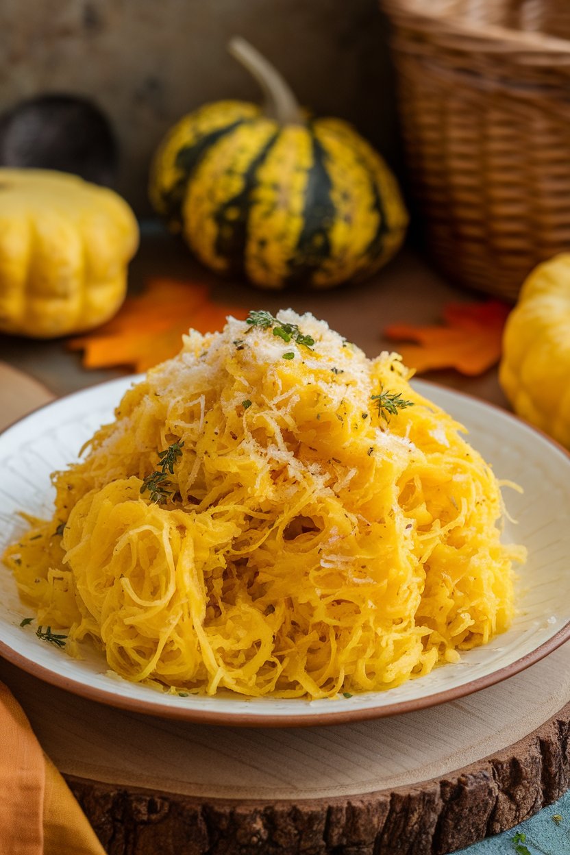 An indoor plate displaying golden spaghetti squash strands tossed with grated Parmesan and garlic, herbs sprinkled on top. No text or logos.