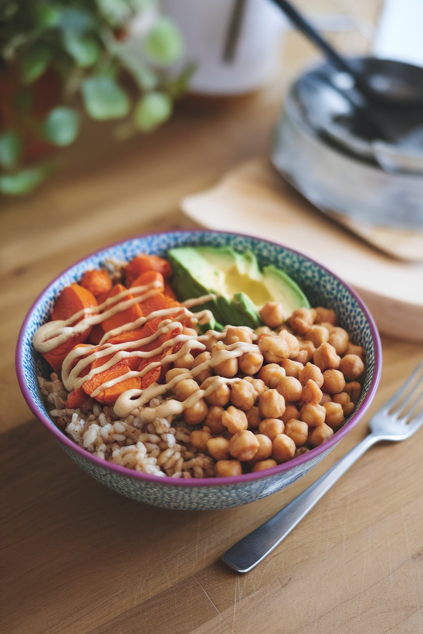 An indoor table of a colorful Buddha bowl including brown rice, roasted carrots, avocado, chickpeas, and tahini drizzle; no logos. Photo only.