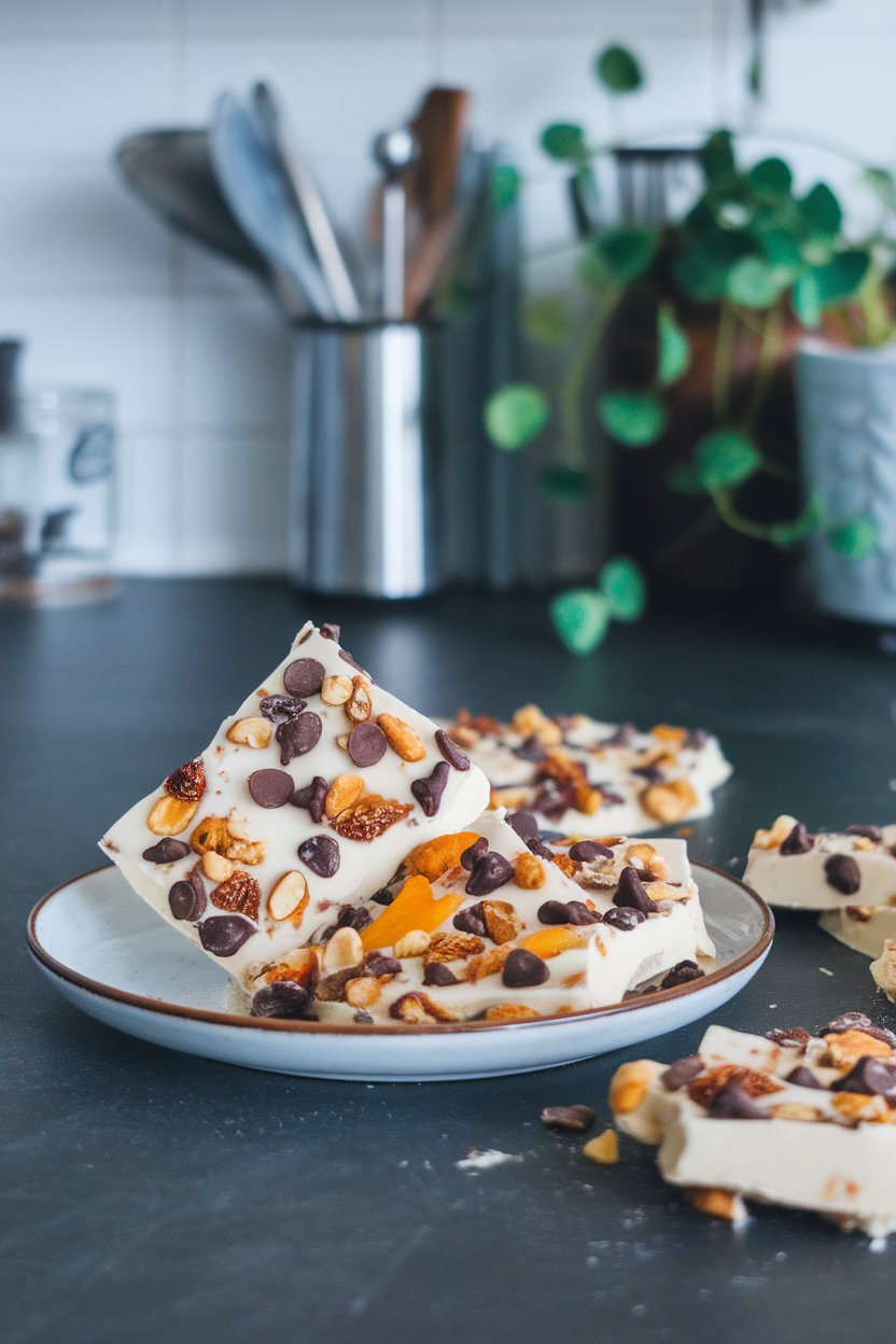 Indoor kitchen counter with broken pieces of frozen yogurt bark studded with nuts, dried fruit, and dark chocolate chips. Photo, no text or logos visible.
