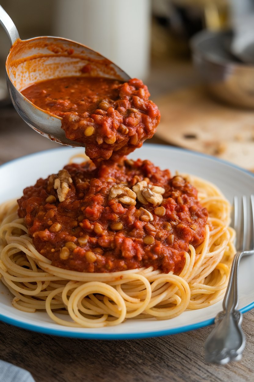 Indoor kitchen counter with a saucepan of thick lentil-walnut tomato sauce ladled over spaghetti and sprinkled with grated Parmesan. Photo, no text or logos.