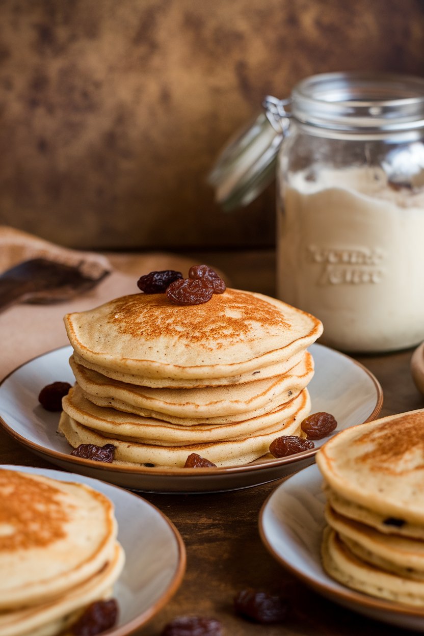 Warm indoor setting featuring cinnamon-speckled pancakes, raisins peeking out, jar of sourdough starter nearby; photo only.