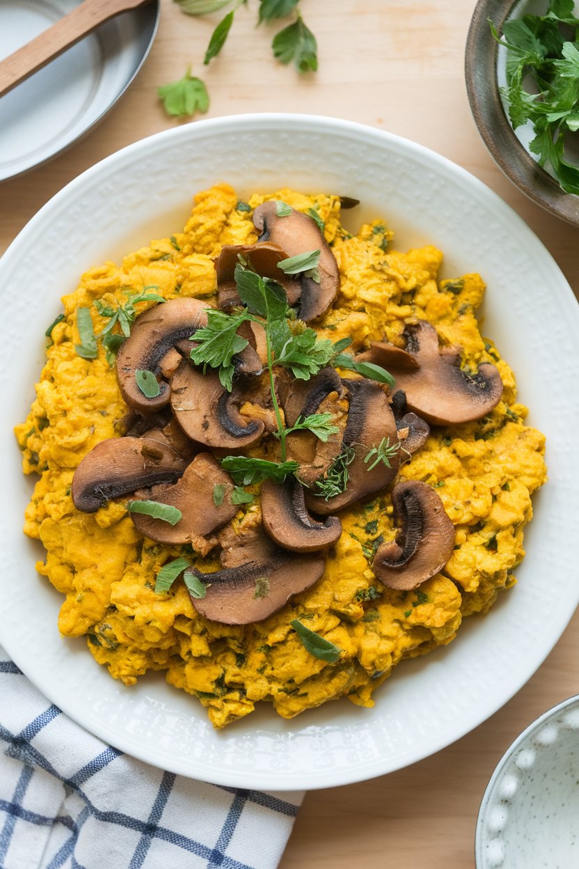 Indoor photo of a hearty tofu scramble with mushrooms and turmeric, served on a white plate, overhead view, no text or logos