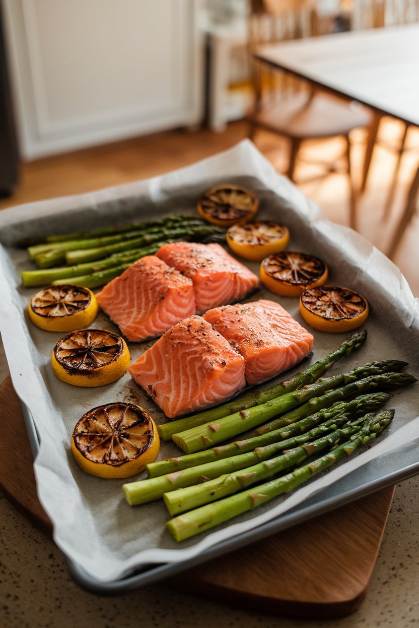An indoor kitchen table lit by warm overhead lights, featuring a parchment-lined sheet pan holding roasted salmon fillets with charred lemon slices and bright green asparagus spears. Steam rises gently, and there are no text or logos visible.
