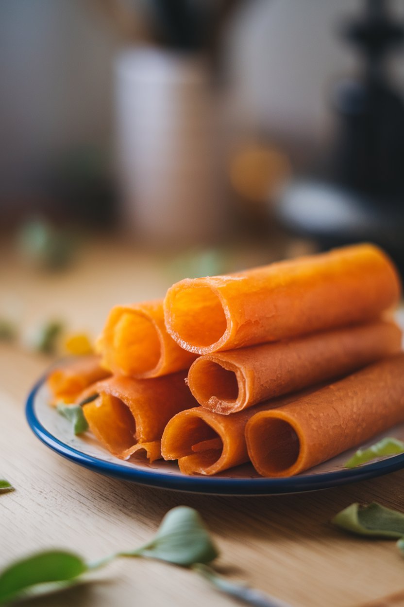 Indoor photo of rolled strips of homemade fruit leather on a plate. No text or logos.