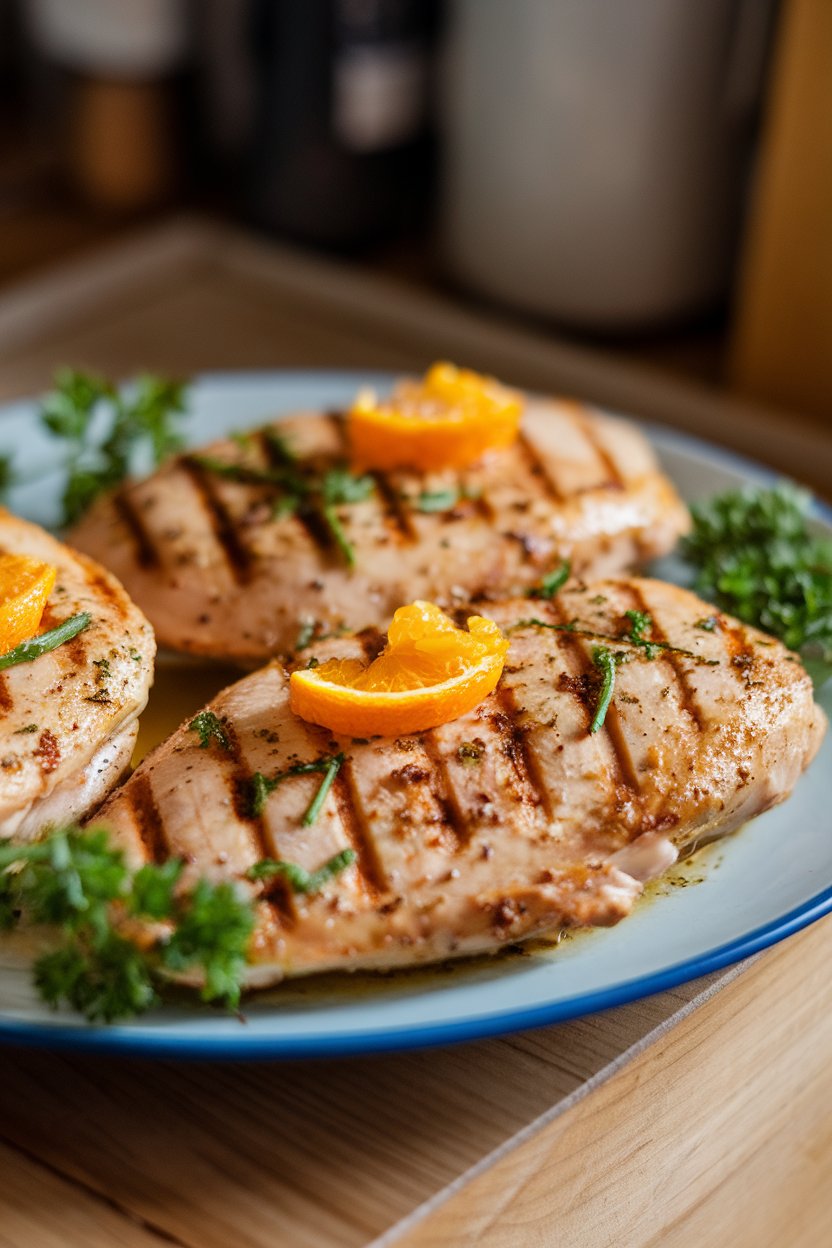 Indoor grill-pan scene of cooked chicken breasts with visible grill marks, garnished with orange zest and parsley. No logos or text.