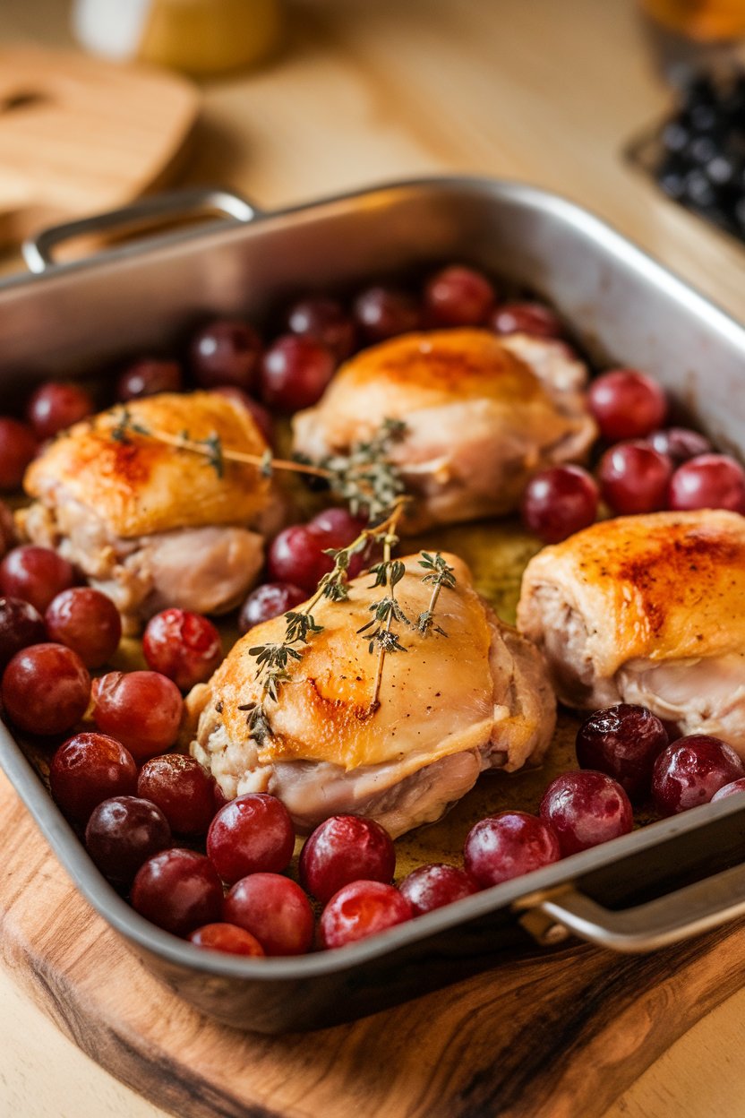 Indoor photo of roasted chicken thighs surrounded by blistered red grapes in a baking dish, thyme sprigs visible. No text or logos.