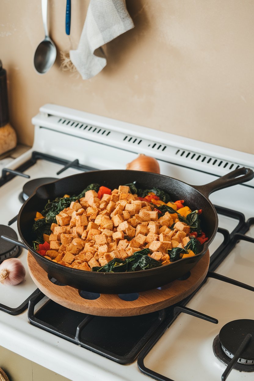 An indoor stovetop scene showing a cast-iron skillet filled with golden tofu crumbles, wilted spinach, and diced bell peppers; photo only, no text or logos.