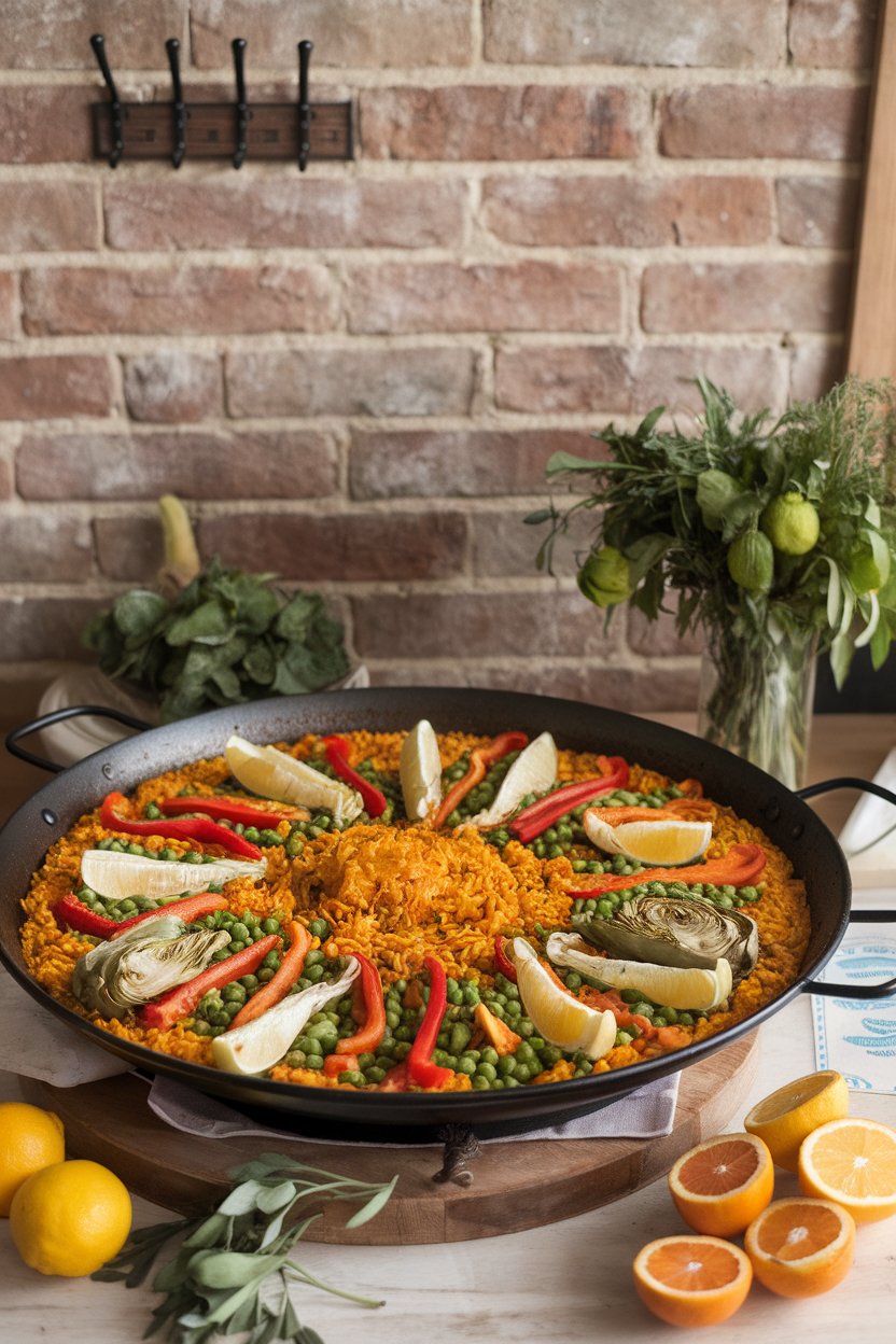 An indoor paella pan brimming with saffron rice, peas, bell peppers, and artichoke hearts; photo only, no text or logos.