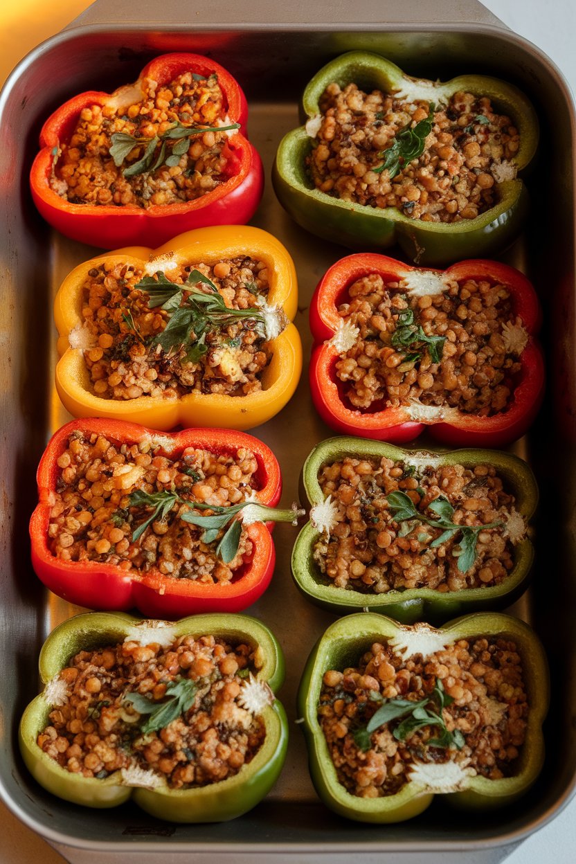 A warmly lit indoor baking dish with halved bell peppers filled with a lentil-quinoa mixture, tops sprinkled with herbs; no text or logos.