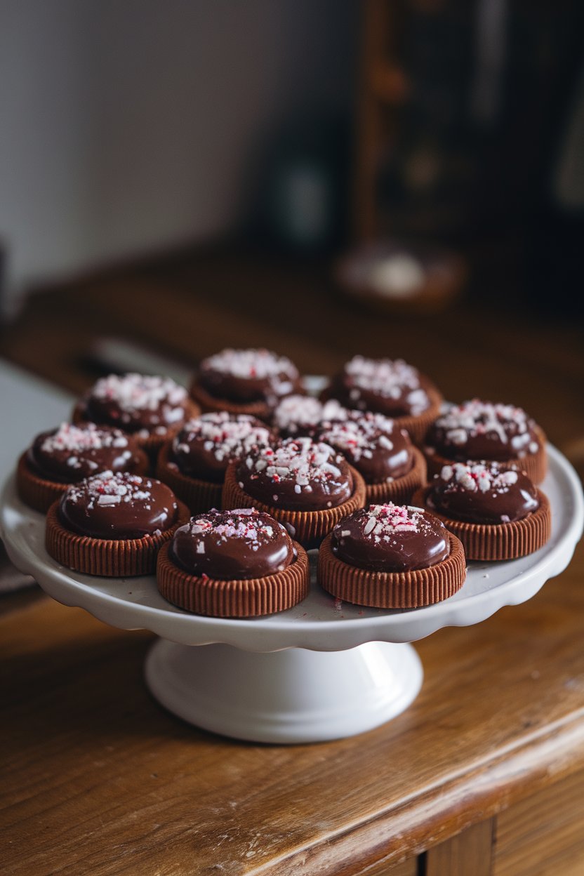 A white plate indoors holding cocoa-colored thumbprint cookies filled with glossy dark chocolate and sprinkled with crushed peppermint, softly lit from the side. No text or logos.