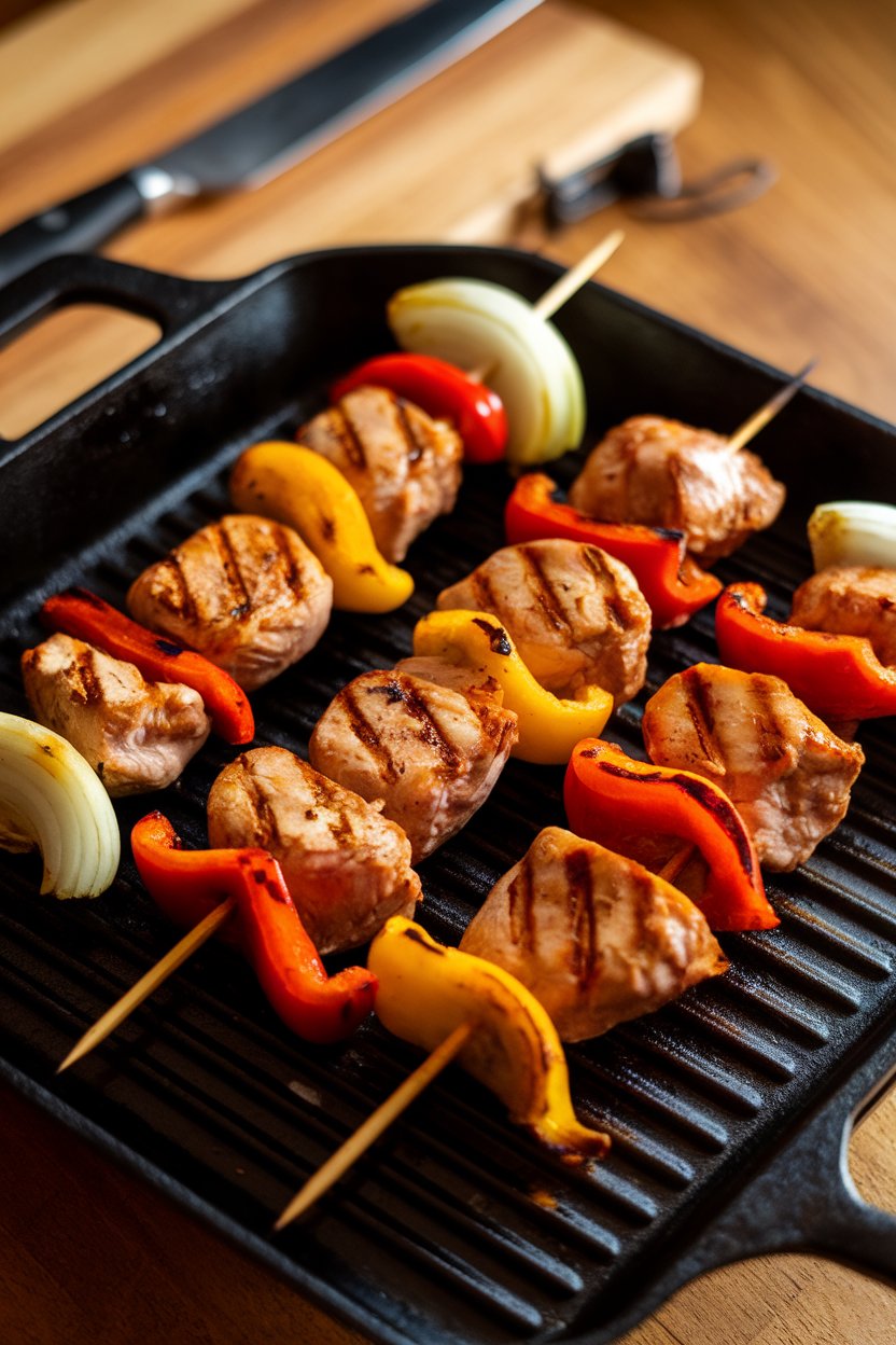 An indoor cast-iron grill pan holding skewers of turkey chunks, bell peppers, and onions marinated in lemon herbs; no text or logos; photo