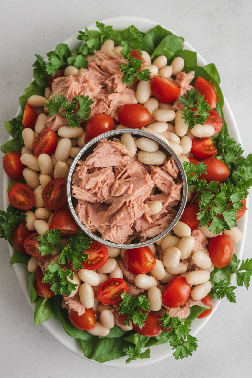 An indoor lunch plate showcasing a colorful salad of canned tuna, cannellini beans, cherry tomatoes, and parsley; overhead shot, no visible brands.