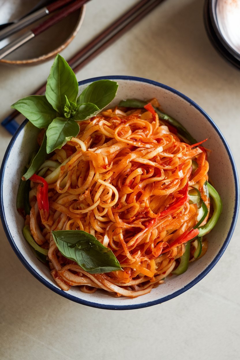 An indoor bowl of rice noodles tangled with colorful vegetables and fresh Thai basil leaves, lightly glazed in soy-chili sauce. Photo only, no text or logos.
