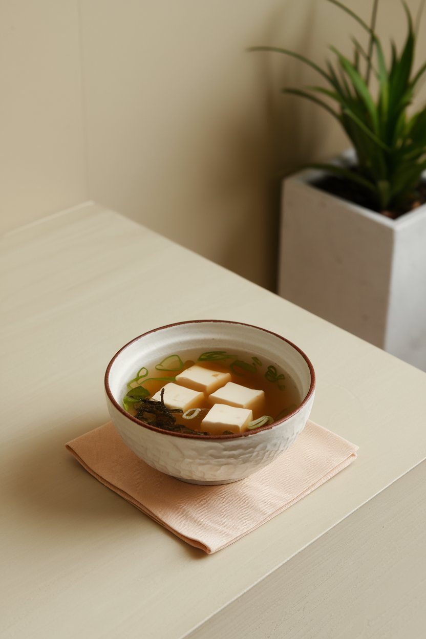 Indoor minimalist table featuring a lacquer bowl of miso soup, tofu cubes, wakame seaweed, and scallions floating in clear broth. No text or logos. Photo.