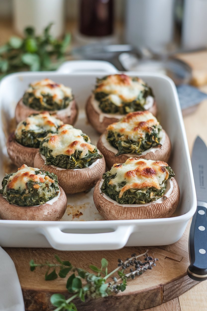 A white baking dish of large mushroom caps filled with green spinach-artichoke mixture, lightly browned cheese on top; no text or logos, photo only