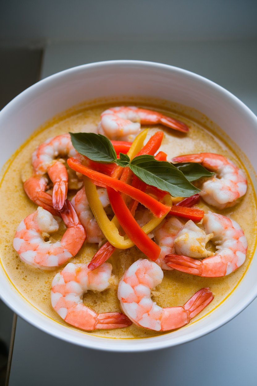 Indoor photo of cooked shrimp in a creamy golden coconut curry with bell pepper strips and basil leaves, served in a white bowl, no logos.