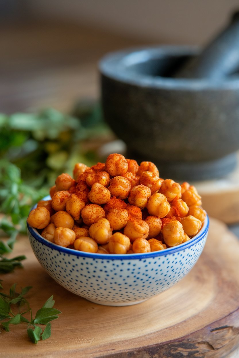 A small indoor bowl of crispy roasted chickpeas coated in reddish paprika seasoning; no brand names.
