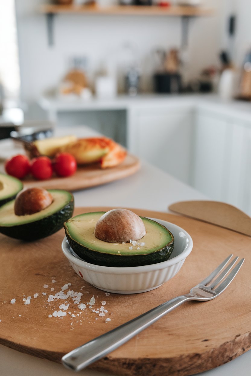 Indoor breakfast bar featuring half an avocado sliced into a small white dish, pit removed, sprinkle of sea salt visible. No text, no logos. Photo only.