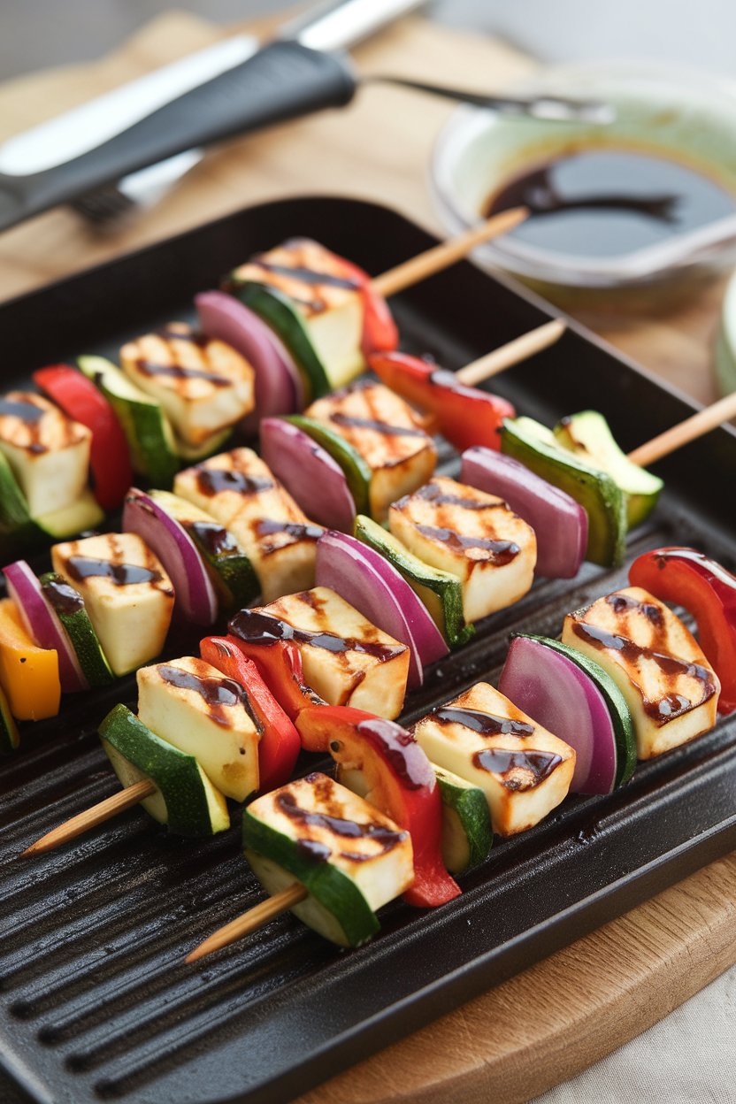 An indoor grill-pan shot of skewers holding zucchini, bell peppers, red onion, and halloumi cubes brushed with balsamic glaze. Photo only, no text or logos.