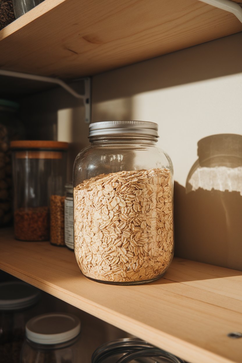Photo of a glass jar filled with dry steel-cut oats on an indoor pantry shelf, warm neutral lighting, no text or logos