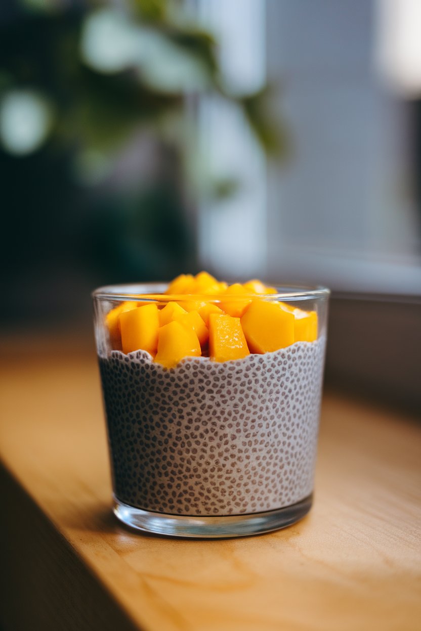 Indoor photo of a glass cup showing thick chia pudding layered with bright mango chunks; soft window light, no text or logos