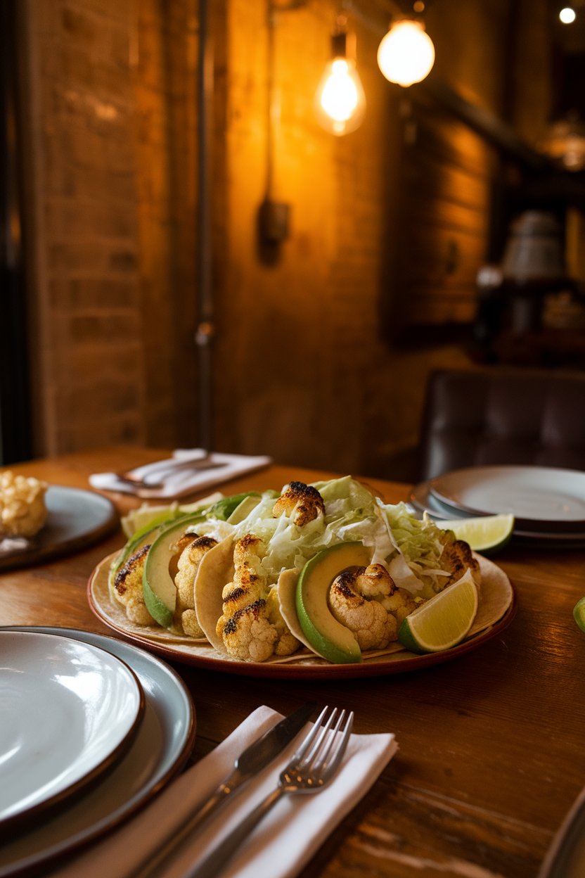 A warmly lit indoor dining table featuring corn tortillas filled with charred cauliflower florets, sliced avocado, cabbage slaw, and lime wedges on the side. No text or logos present; photo, not illustration.