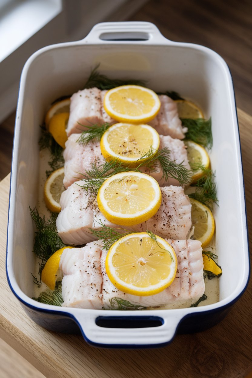 A white ceramic baking dish indoors with flaky baked cod fillets topped with lemon slices and fresh dill, no raw fish visible, no logos. Photo.