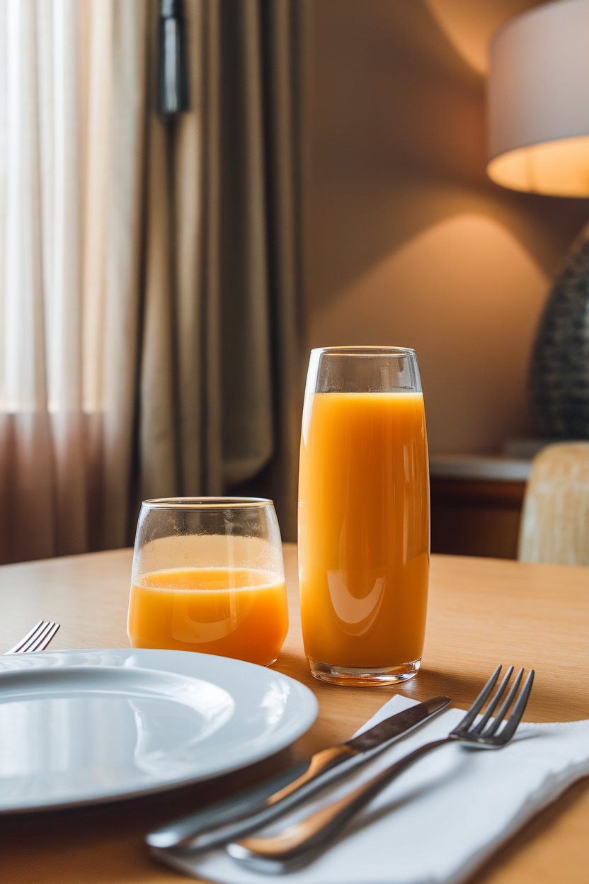 Indoor photo comparing a tall, slim glass of 100% orange juice next to a short, wide tumbler holding the same volume, set on a breakfast table. Bright morning light, no text or logos.