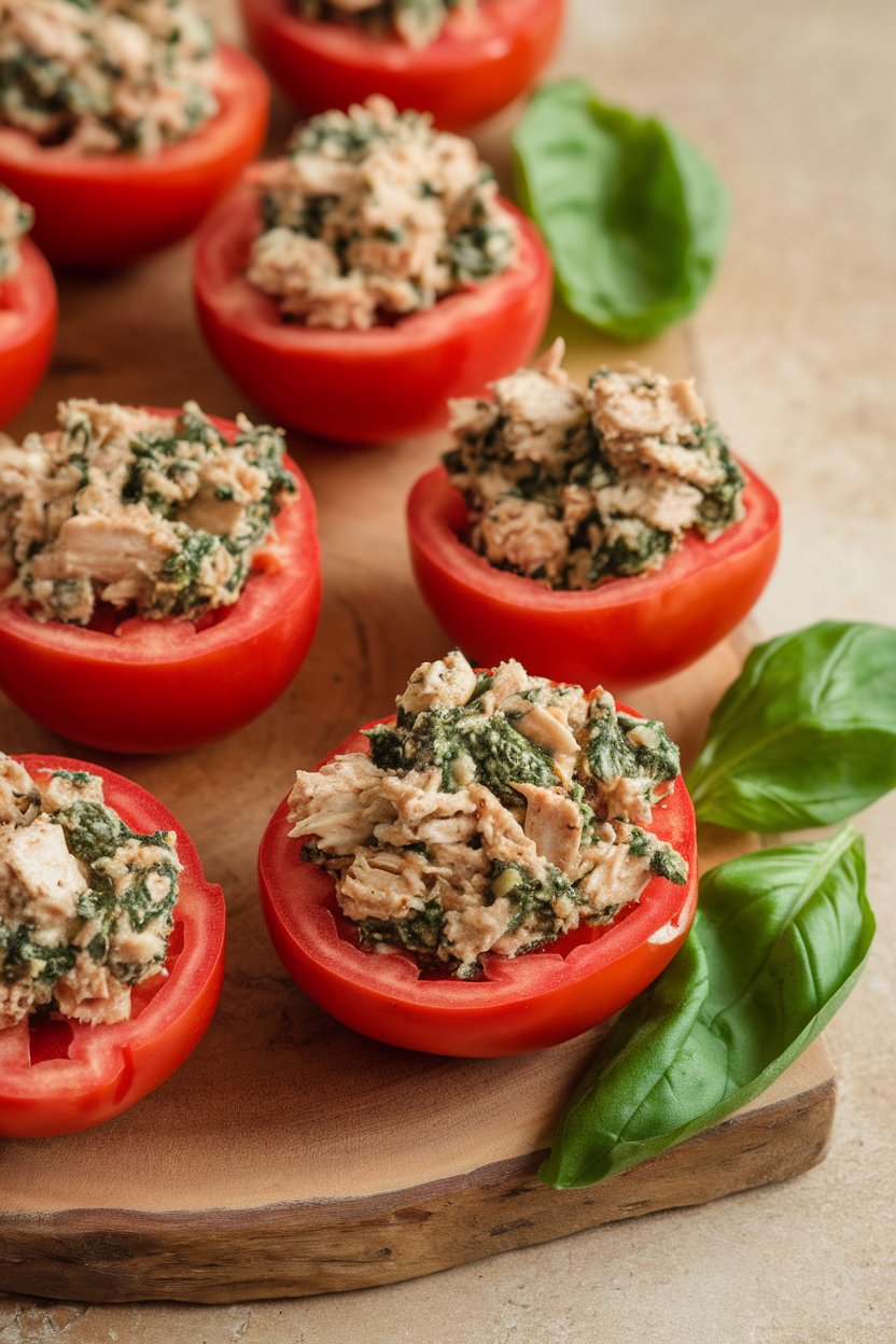 Tomato halves filled with spinach pesto tuna mix, photographed indoors, no logos.