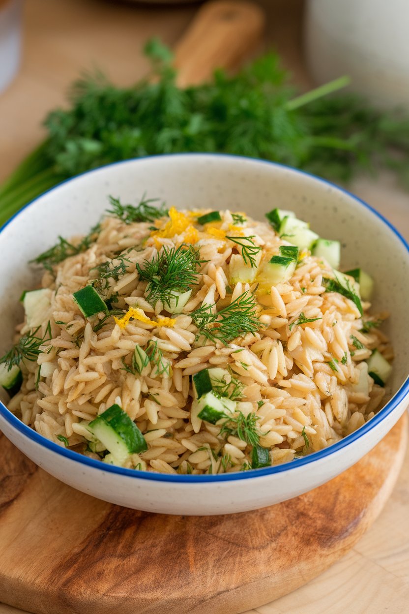 Indoor photo of a bowl of cooked whole-wheat orzo tossed with chopped parsley, dill, diced cucumber, and lemon zest. No logos or text visible.