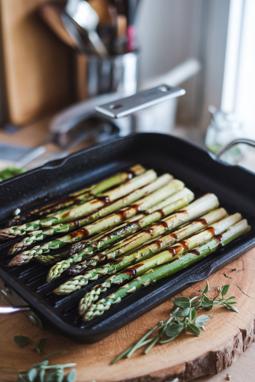 An indoor grill-pan scene featuring lightly charred asparagus spears arranged on a rectangular plate and finished with a thin balsamic reduction. Photo, no text or logos.