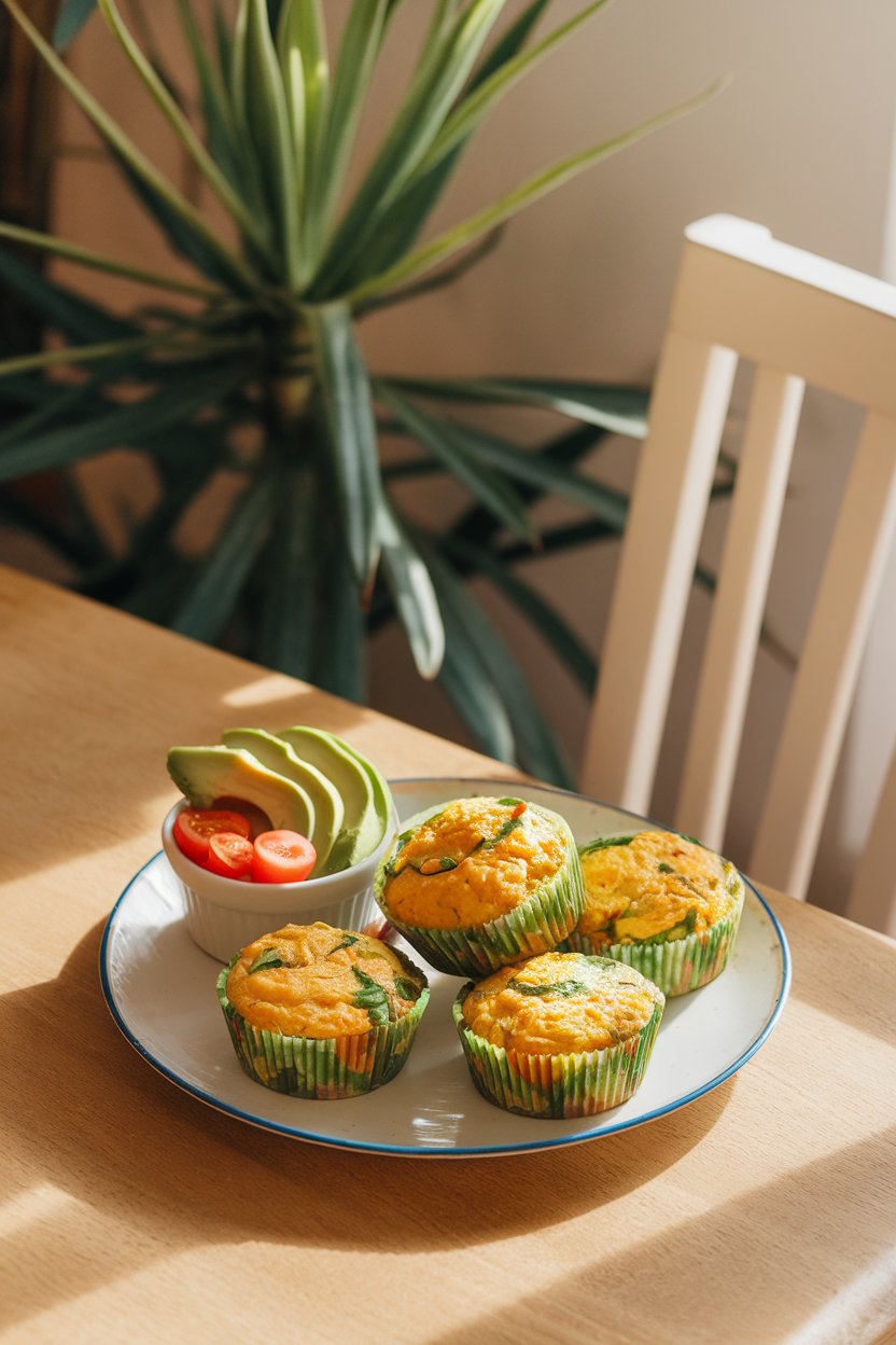 Photo of a sunny indoor breakfast nook displaying a plate of vegetable egg muffins alongside a small bowl of sliced avocado and cherry tomatoes. No text or logos present.
