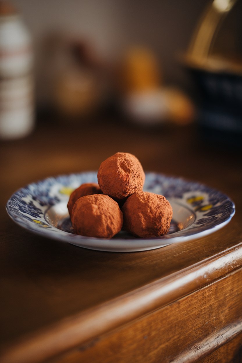 A porcelain plate indoors with round chocolate truffles dusted in cocoa powder, no text or logos. Photo.