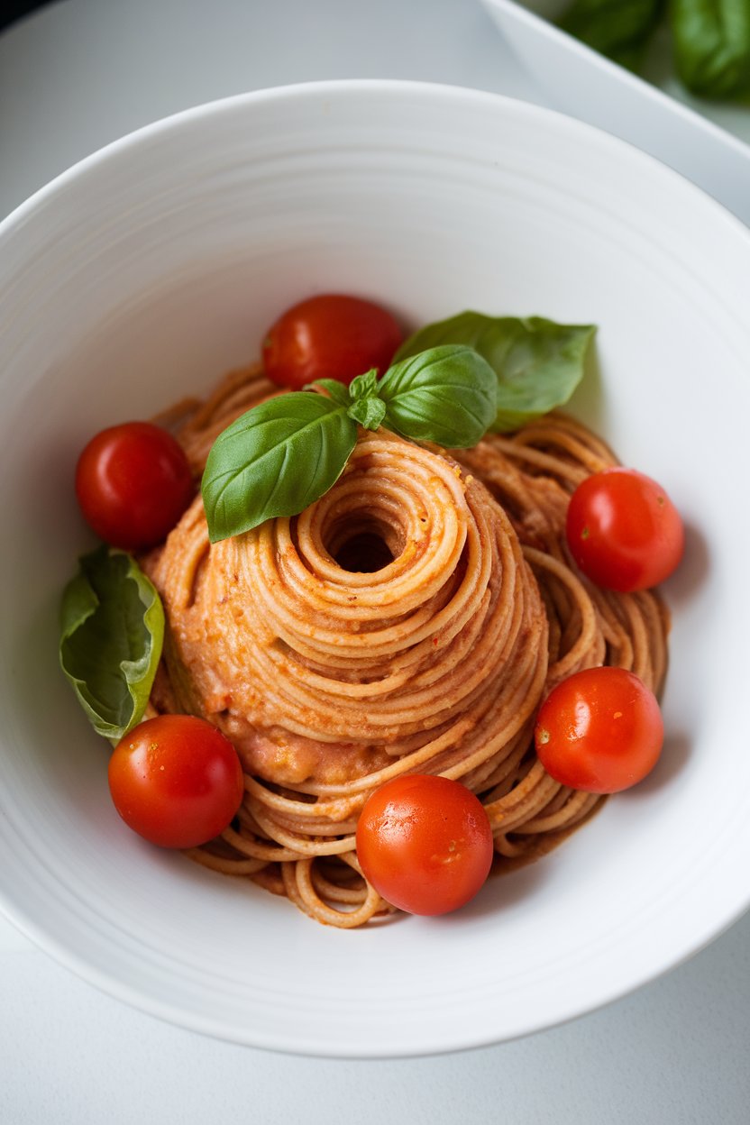 Indoor photo of cooked whole-wheat spaghetti twirled neatly in a white bowl, light tomato sauce lightly coating strands, no text or logos
