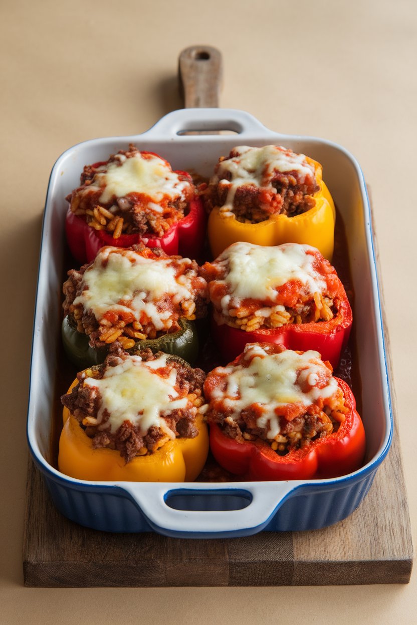 Indoor casserole dish featuring colorful bell peppers filled with browned beef, brown rice, and tomato sauce, cheese lightly melted on top. No text or logos, photo not illustration.