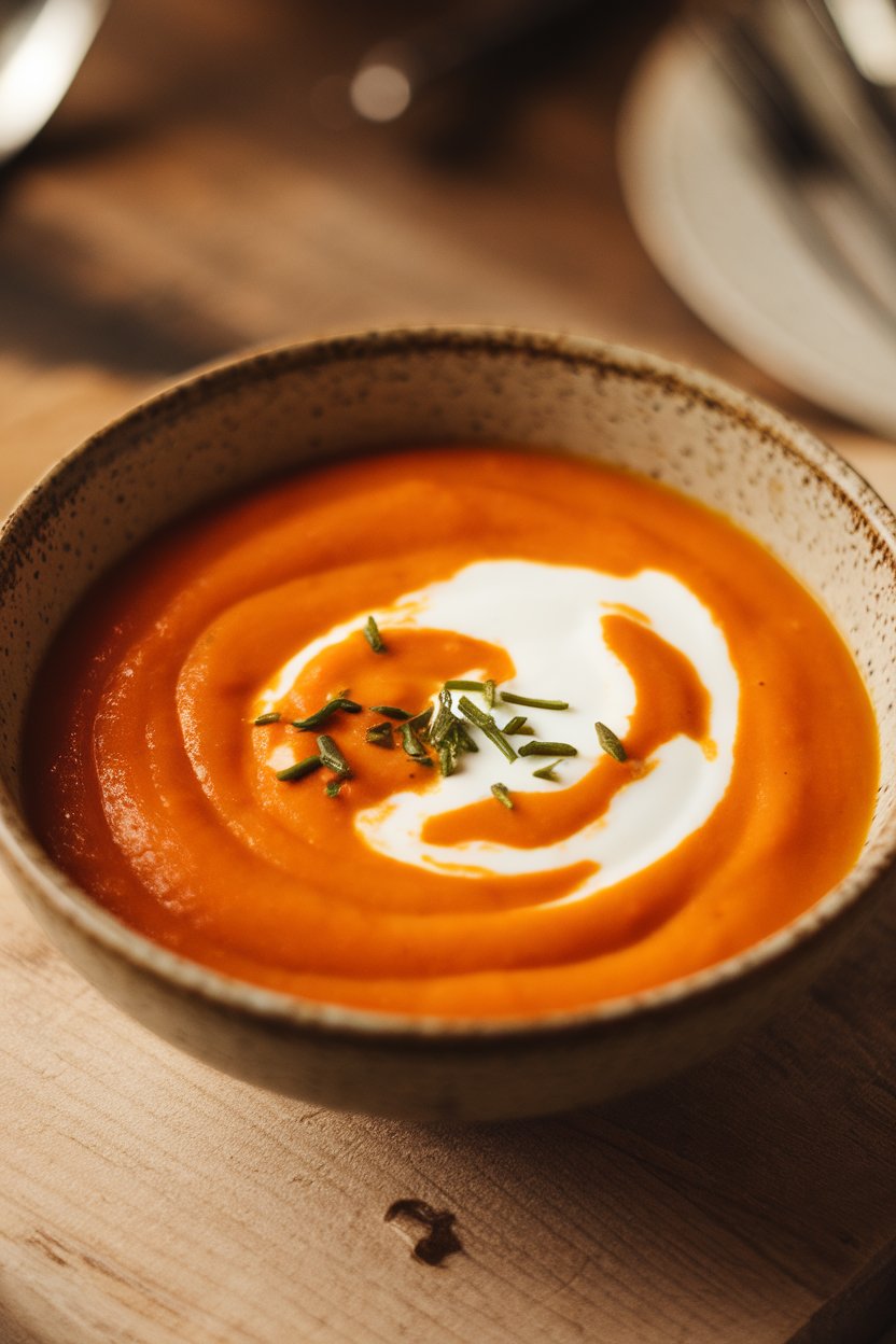 Photo of a vibrant orange carrot soup in a bowl with a white yogurt swirl and sprinkle of chives indoors; no text or logos anywhere.