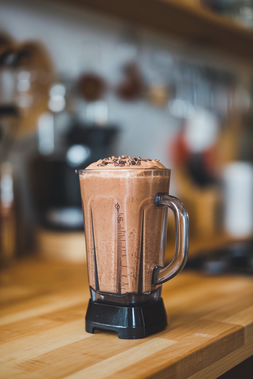 A photo of an indoor blender cup set on a counter, filled with chocolate-brown shake, cacao nibs sprinkled on top; no text or logos.