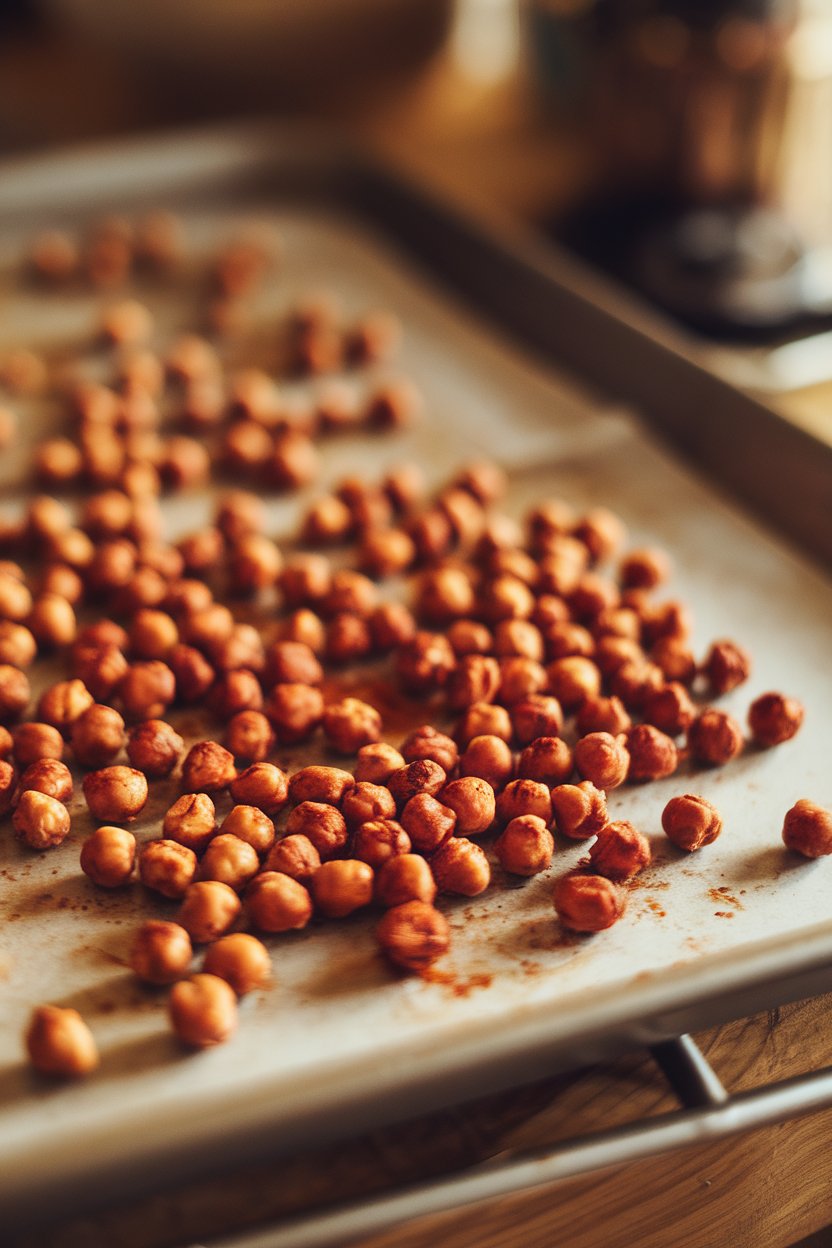 Indoor photo of roasted chickpeas seasoned with smoked paprika, spread on a cooling tray; no text or logos.