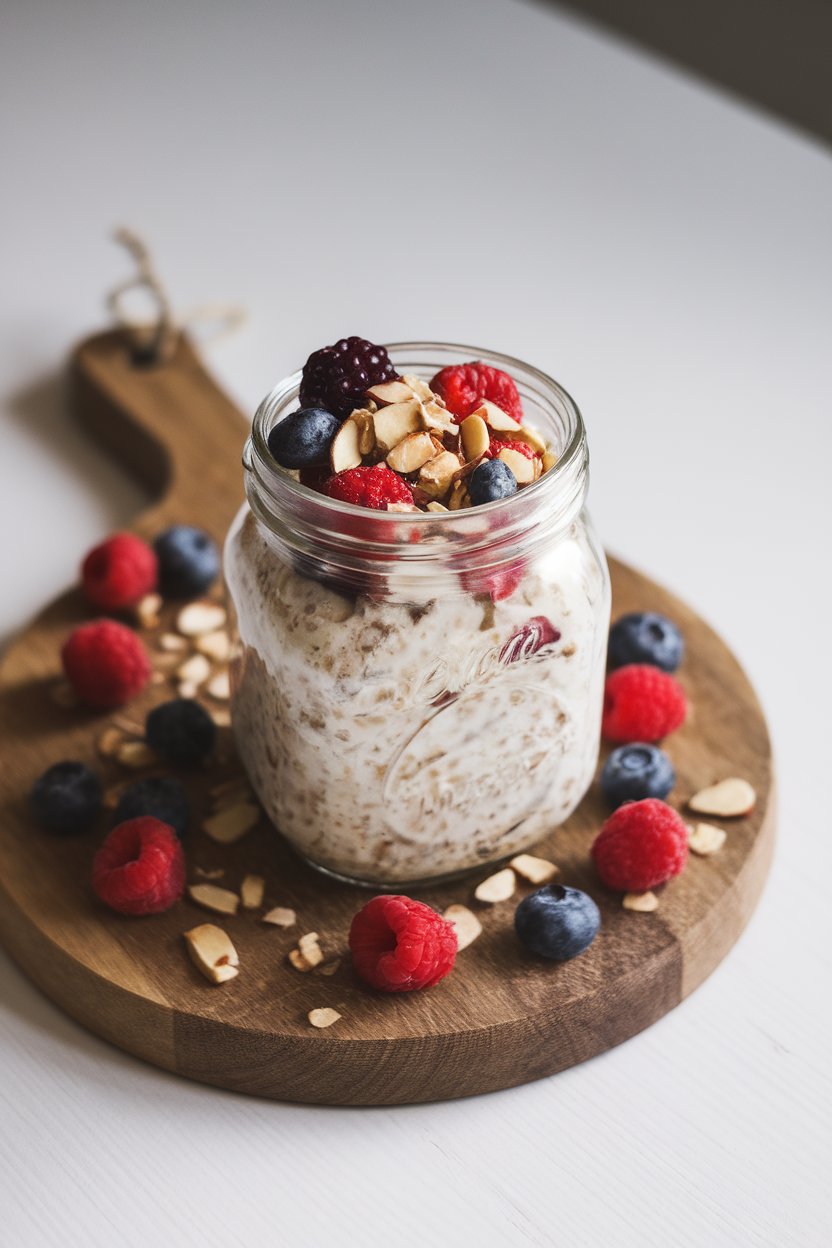 Indoor kitchen island photo of a jar with creamy coconut oats, mixed berries, and chopped almonds sprinkled over the top. No branding. Photo only.
