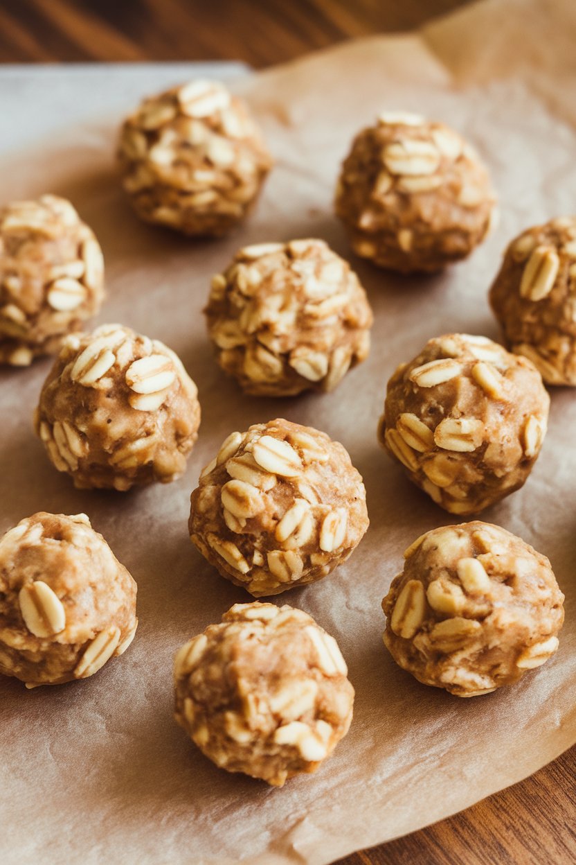 An indoor close-up of oat-based peanut butter energy balls arranged on parchment, warm neutral tones, no logos.