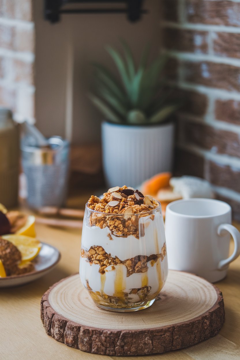 An indoor breakfast nook featuring a clear glass parfait layered with thick Greek yogurt, crunchy granola, chopped almonds, and a drizzle of honey. No text or logos; photo.