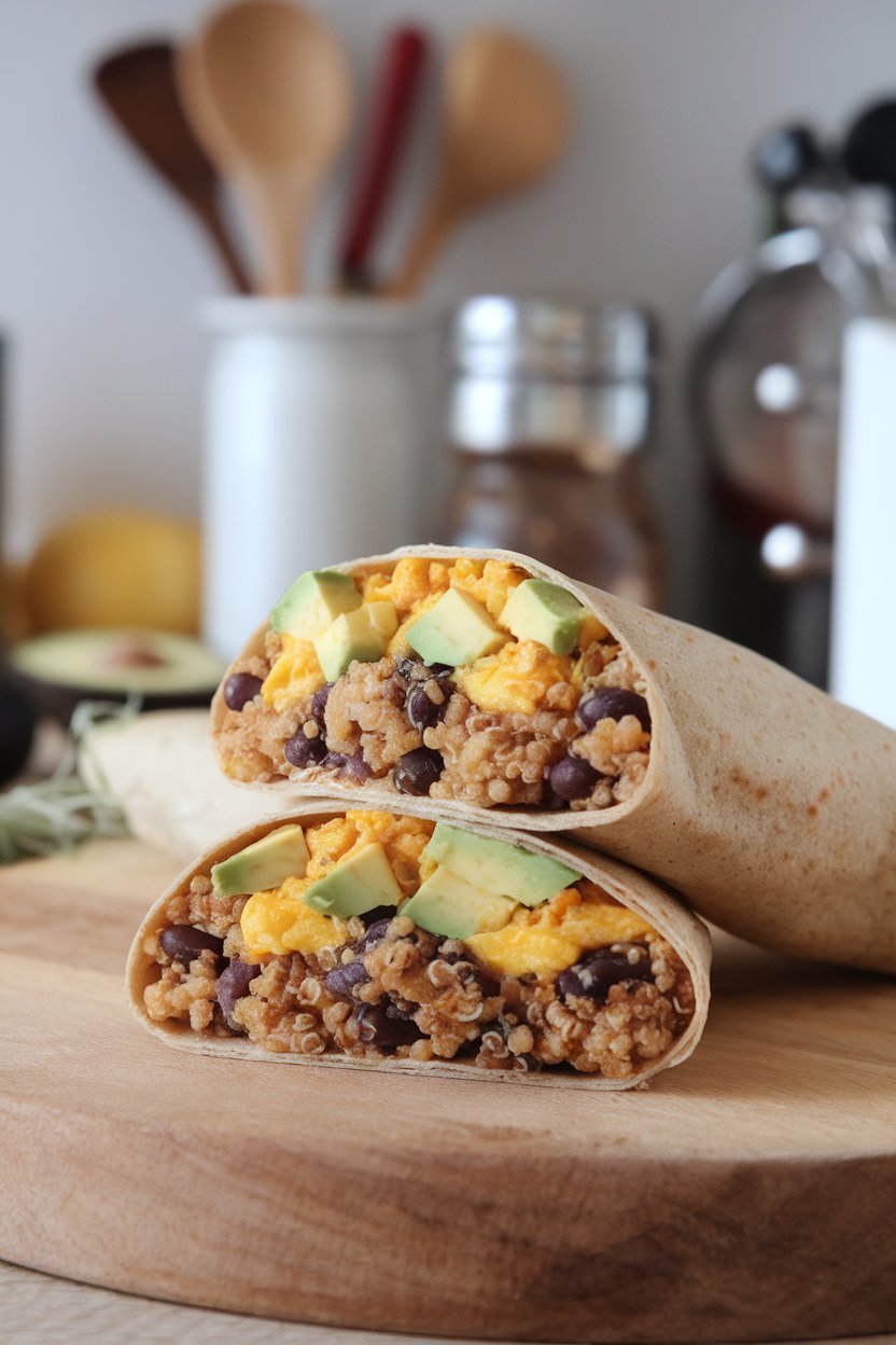 Indoor kitchen table with a whole-wheat tortilla wrapped around fluffy quinoa, black beans, scrambled eggs, and diced avocado, cut in half to show the colorful filling. Photo, no text or logos visible.