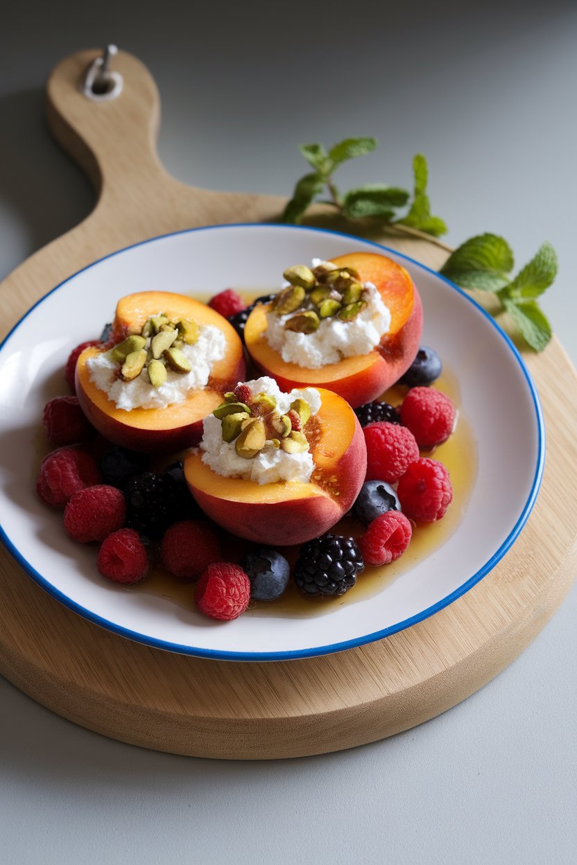 An indoor dessert plate with halved peaches filled with cottage cheese and topped with chopped pistachios, photo, no text or logos.