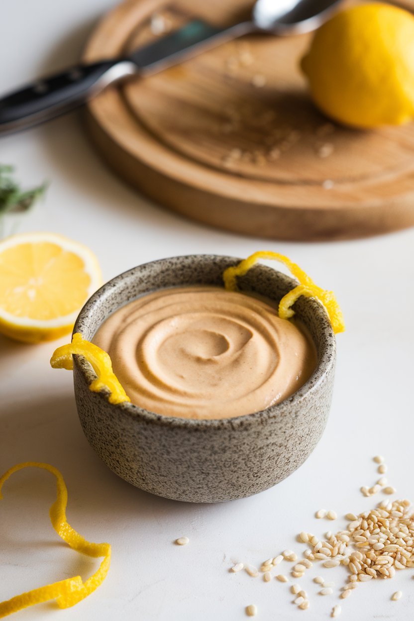 Indoor scene with a stoneware bowl of thick lemon tahini dressing, lemon zest on the rim, sesame seeds sprinkled nearby. Photo, not illustration. No text or logos.