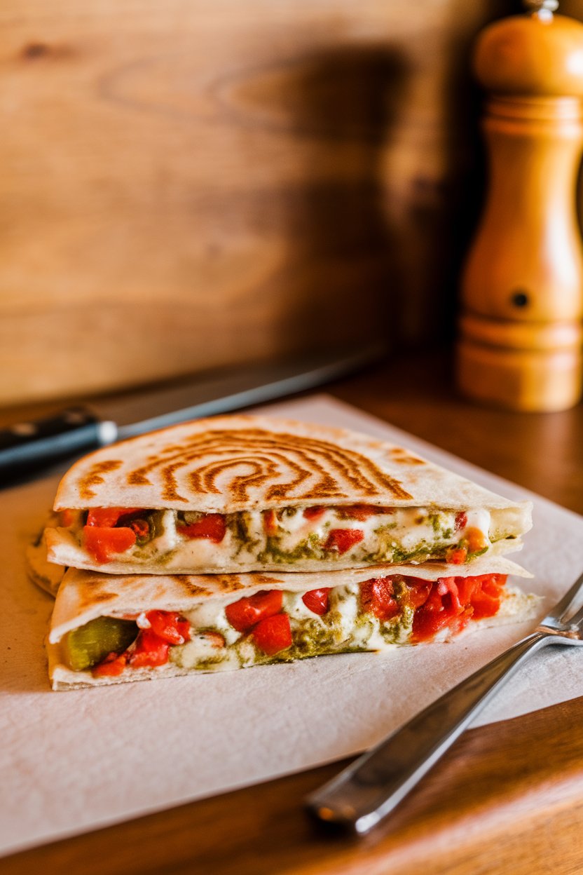 Indoor countertop, pesto-swirled veggie quesadilla showing gooey mozzarella stretch, photo, no text or logos.