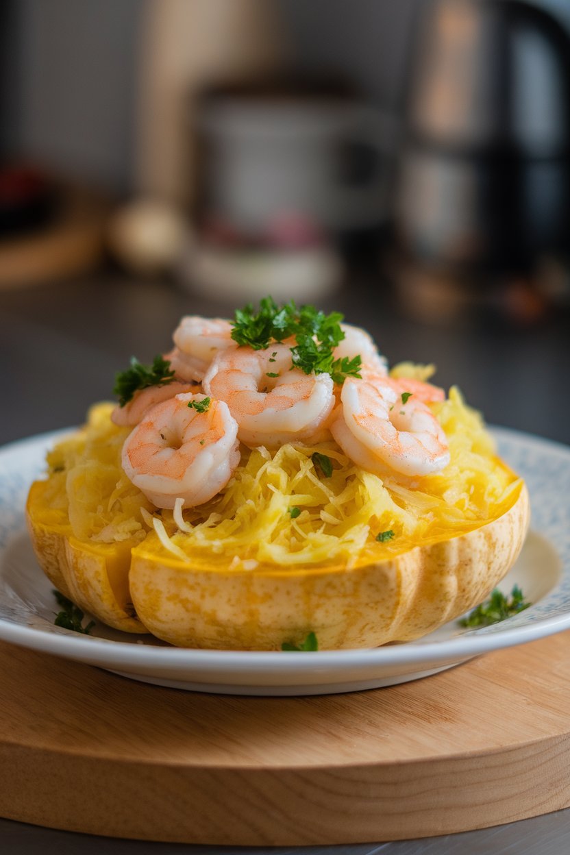An indoor plate with strands of cooked spaghetti squash topped by sautéed garlic shrimp and parsley. No logos present.
