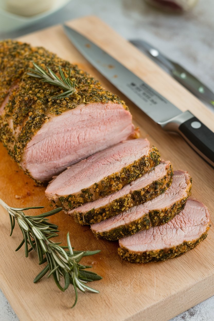 An indoor cutting board with sliced pork tenderloin showing a green herb crust, garnished with rosemary. No logos on knives or board.