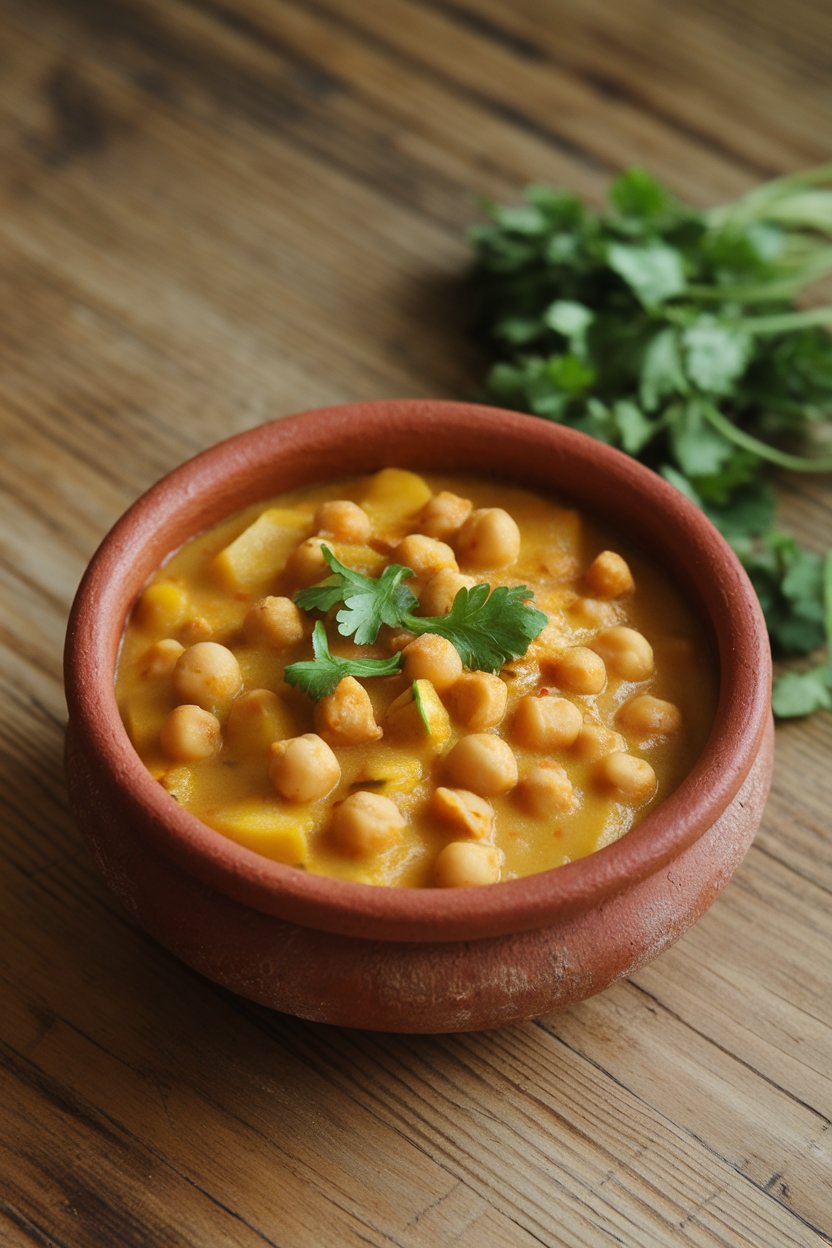 A clay bowl of cooked bottle gourd and split chickpea dal on a wooden indoor dining table, garnished with fresh coriander. No text or logos. Photo, not illustration.