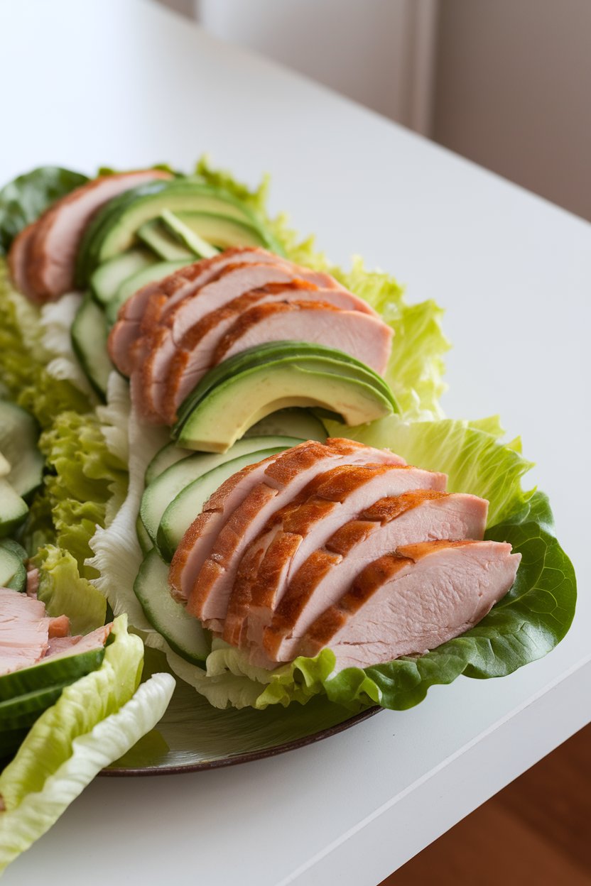 Indoor table with crisp butter lettuce leaves filled with sliced turkey breast, avocado wedges, and thin cucumber strips, arranged on a platter. No text or logos visible.