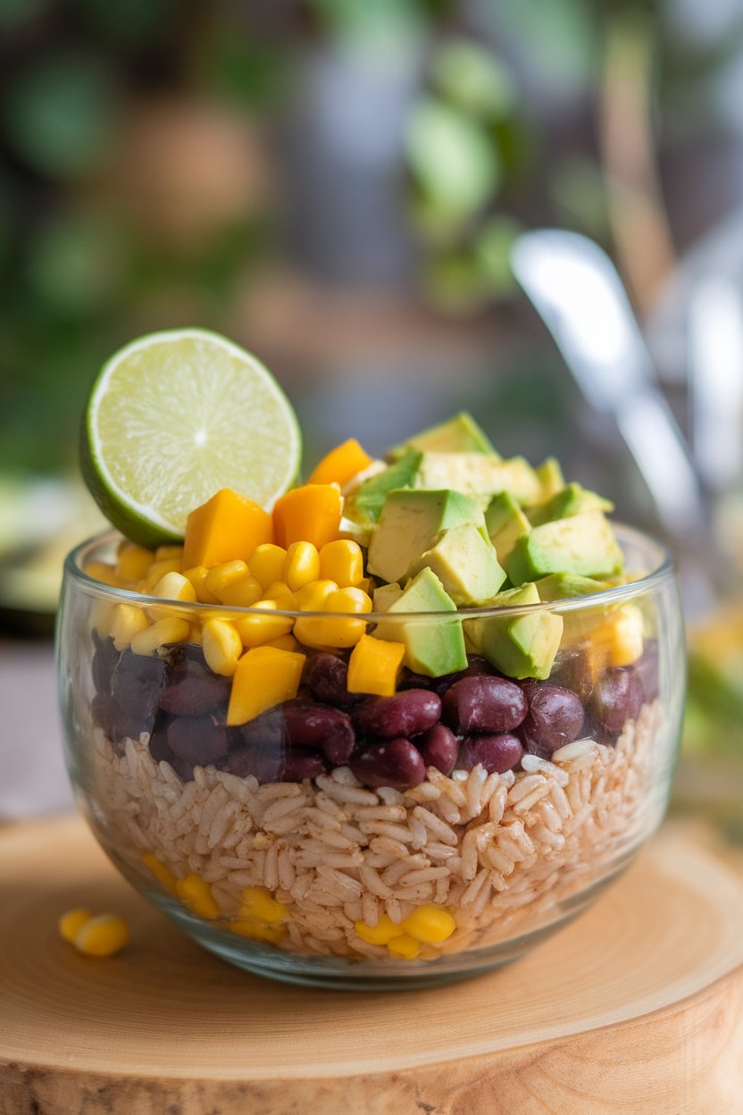 An indoor bowl layered with brown rice, black beans, diced mango, avocado, and corn, lime wedge perched on rim. No text or logos; photo, not illustration.